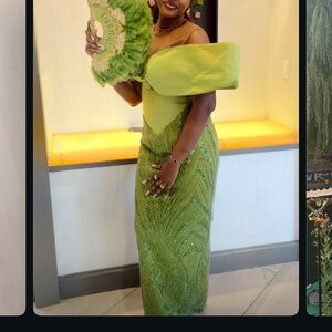 Nigerian tailored Elegant Green Off-Shoulder Gown